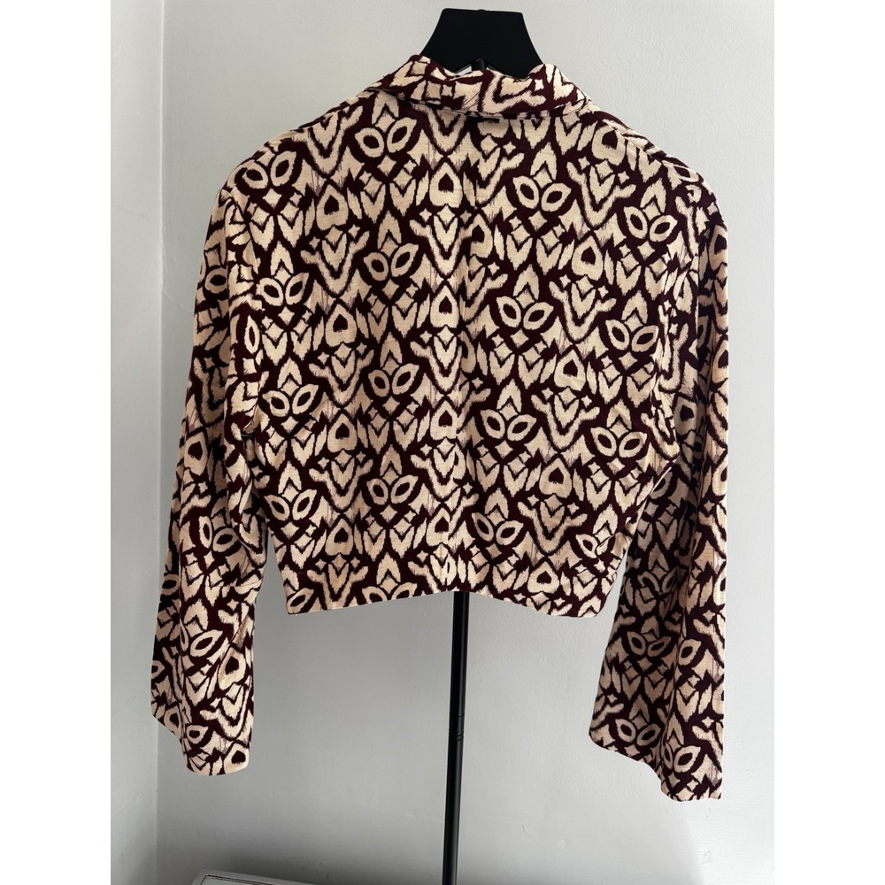 Zara Cropped Blouse Women's Small‎ Burgundy Cream Abstract Twist Front - Picture 3 of 7